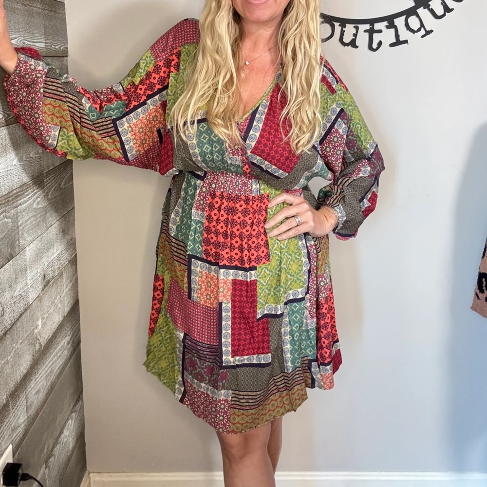 Colorful Patchwork Long Sleeve Dress